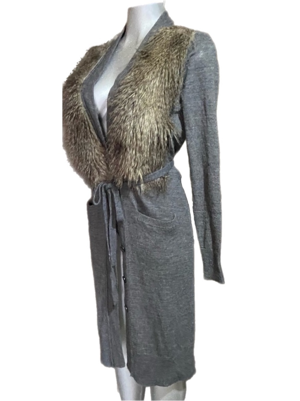 Ann Taylor Gray Duster Knit Cardigan Medium Faux Fur Collar Pockets Alpaca/Wool